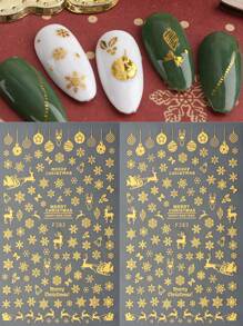 FULL BEAUTY 2pcs Shiny Gold Reindeer Crystal Ball Romance Snowflake Nail Art Stickers Self Adhesive Winter Snow Nail Decals New Year Nail Charms Decorations DIY Nail Supplies - Gold - View 4