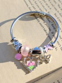 1 chiếc vòng tay charm hoa tulip có thể điều chỉnh, vòng tay mặt trái tim, vòng tay mặt dây chuyền bướm hoa anh đào, vòng tay hoa anh đào dễ thương - Bạc - Xem 4