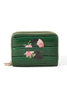 个性化鳄鱼印花字母花朵图案时尚多卡位双拉链钱包，短钱包情人节、母亲节、生日礼物情人钱包和包包女士 - 綠色 - 查看 6