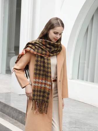 1 件经典格子仿羊绒围巾，时尚百搭流苏披肩，厚实保暖，适合秋冬季