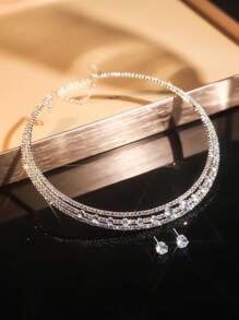 1 Pair Earrings & 1 Layered Cubic Zirconia Necklace Set, Suitable For Wedding & Formal Events