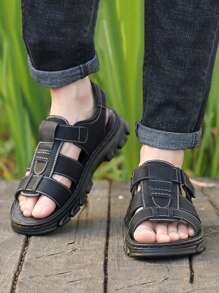 男士真皮凉鞋，配有可调节钩环带、防滑鞋底、夏季户外休闲沙滩鞋