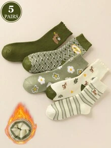 5 Pairs Women's Warm Thickened Plush Lined Socks With Floral, Deer, Striped Patterns, Comfortable For Sports, Home, Casual, Commute In Autumn/Winter