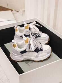 1pair Unisex Casual Sneakers, Children & Student Sports Running Shoes, Retro Chunky Sneakers, Popular - Beige - View 5