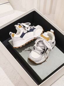 1pair Unisex Casual Sneakers, Children & Student Sports Running Shoes, Retro Chunky Sneakers, Popular - Beige - View 3
