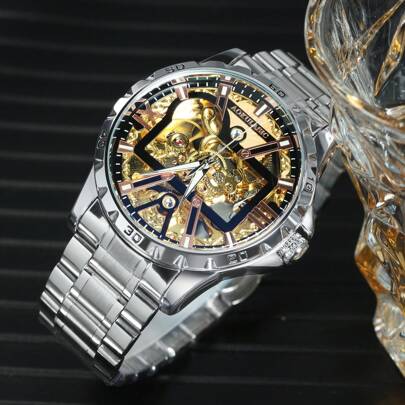 1pc Men's Rose Gold Hollow Automatic Mechanical Watch, Luxury Engraved Dial, Luminous Hands, Stainless Steel Strap, Business  Casual Vintage Wristwat