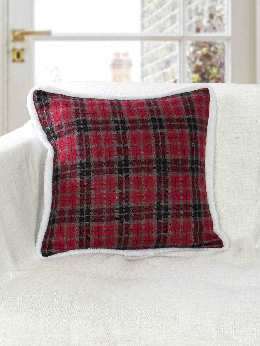 1 件格纹毛绒枕套，简约涤纶纤维方形抱枕套，舒适柔软，适合客厅、家居装饰 - 彩色 - 查看 1