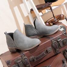 Comfyshoes Women's Fashion Ankle Boots, Perforated Western Booties, Low Heel Chunky Cutout Boots - 灰色 - 查看 3