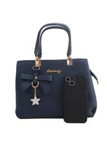 女士手提包，PU皮革拉链托特包，蝴蝶吊坠斜挎包，礼品 - 彩色 - 查看 9