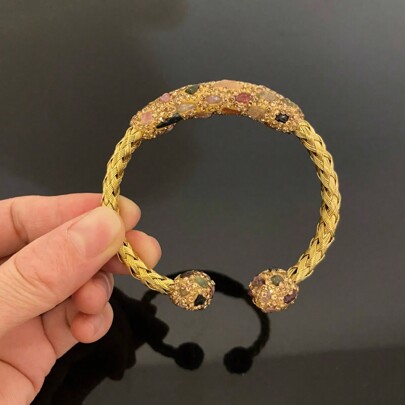 1pc Handmade Women Open Bangle Bracelet, Natural Gemstone Bead, 18K Gold Plated Stainless Steel, Vintage Neo-Chinese Style, Versatile Fashion Accessory For Cheongsam, Shirt, Sweater