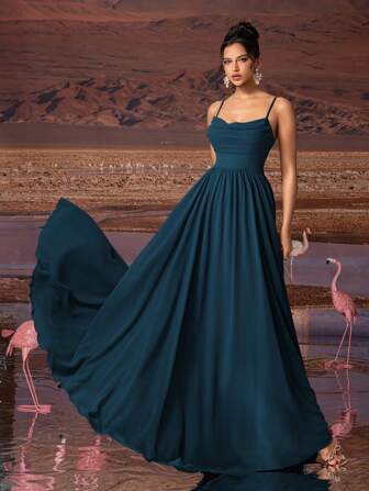 AOSHABABI Elegant påfågelblå enfärgad draperad chiffong maxiklänning med spaghettiband, lämplig för alla formella tillfällen, gala, bröllopsgäster, musikfestivaler, högtidsfester, examensdanser, cocktailevenemang, dejter, semestrar och brudtärneklänningar, festklänning, klänning, kväll