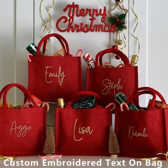1pc Personalized Embroidery Burlap Christmas Gift Bag, Red Gift Bag With Golden Text Embroidery - Christmas Gift Wrapping Bag, Daily Tote Bag,Boho Vibes