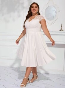 Women's Plus Size Satin Elegant Lace Fabric Wedding Dress Bridal Shower Dress, Plus Size White Dress, Little White Dress