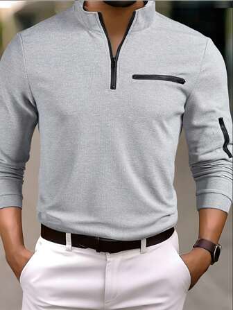 Camisa casual de manga larga con cuello alto, ligera para primavera y otoño, con bolsillo con cremallera real en la manga izquierda y cremallera frontal en tela texturizada de tipo waffle para hombres