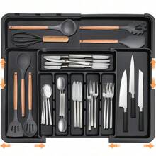 Quà tặng Ngày của Mẹ, Hộp đựng đồ bạc, Hộp đựng đồ dùng nhà bếp có thể mở rộng, Ngăn kéo đựng 9 ngăn, Khay đựng dao kéo lớn, Khay đựng nĩa, Dao, Rộng 13" - 22", Dài 14,5" - 19", Trang trí nhà cửa, Lưu trữ đồ dùng cho tiệc tùng, Lưu trữ đồ dùng cho Giáng sinh, Lưu trữ đồ dùng cho năm mới - màu đen - Xem 2