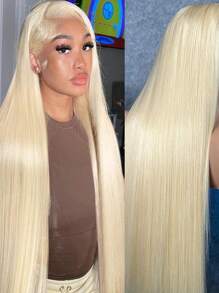 Eulisi Peluca de frente de encaje de cabello humano liso 613 de 13x4 con encaje transparente, peluca de 150 de densidad de color rubio para mujer, pre-arrancada con cabello de bebé, peluca frontal de encaje sin pegamento
