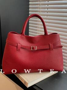 low tea 1 件女士 PU 材质 Ancora 红色手提包，低茶色大容量手提包，带金属扣腰带装饰，双手柄和磁性闭合，适合日常和外出使用 - 酒紅色 - 查看 1