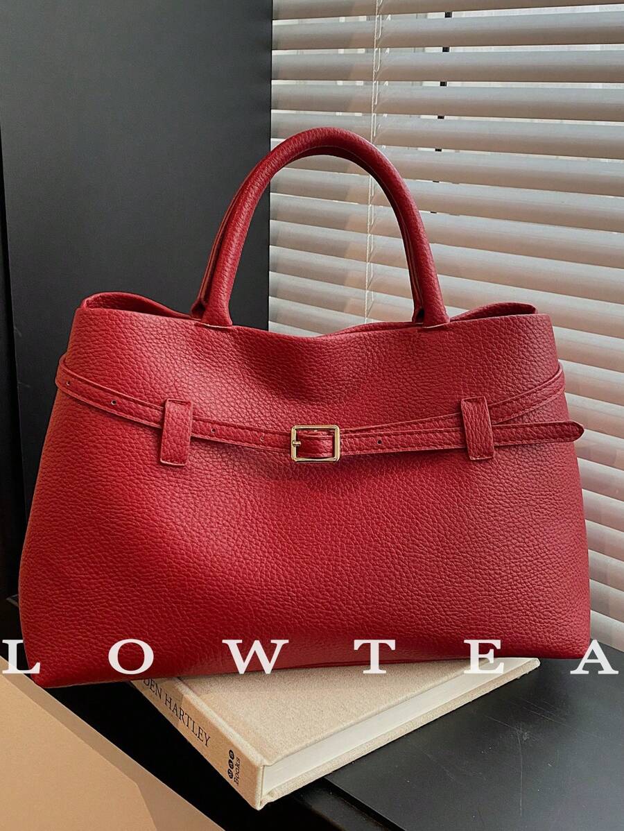 low tea 1 件女士 PU 材质 Ancora 红色手提包，低茶色大容量手提包，带金属扣腰带装饰，双手柄和磁性闭合，适合日常和外出使用 - 酒紅色 - 查看 1