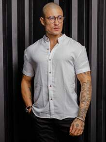 Men's Short Sleeve Dress Shirt With Priest Collar - Fresh Shirt - Comfortable - trắng - Xem 3