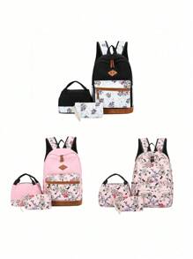 3 件装新款大容量休闲百搭花卉尼龙材质拉链男孩和女孩背包和手提包带铅笔盒适合返校季节，适合小学生书包，儿童书包，小背包，书包学校，学校背包，背包，儿童书包，儿童行李箱，儿童背包非常适合女孩，儿童，女学生，青少年女孩儿童旅行包，儿童女童包 - 三件套 - 查看 2