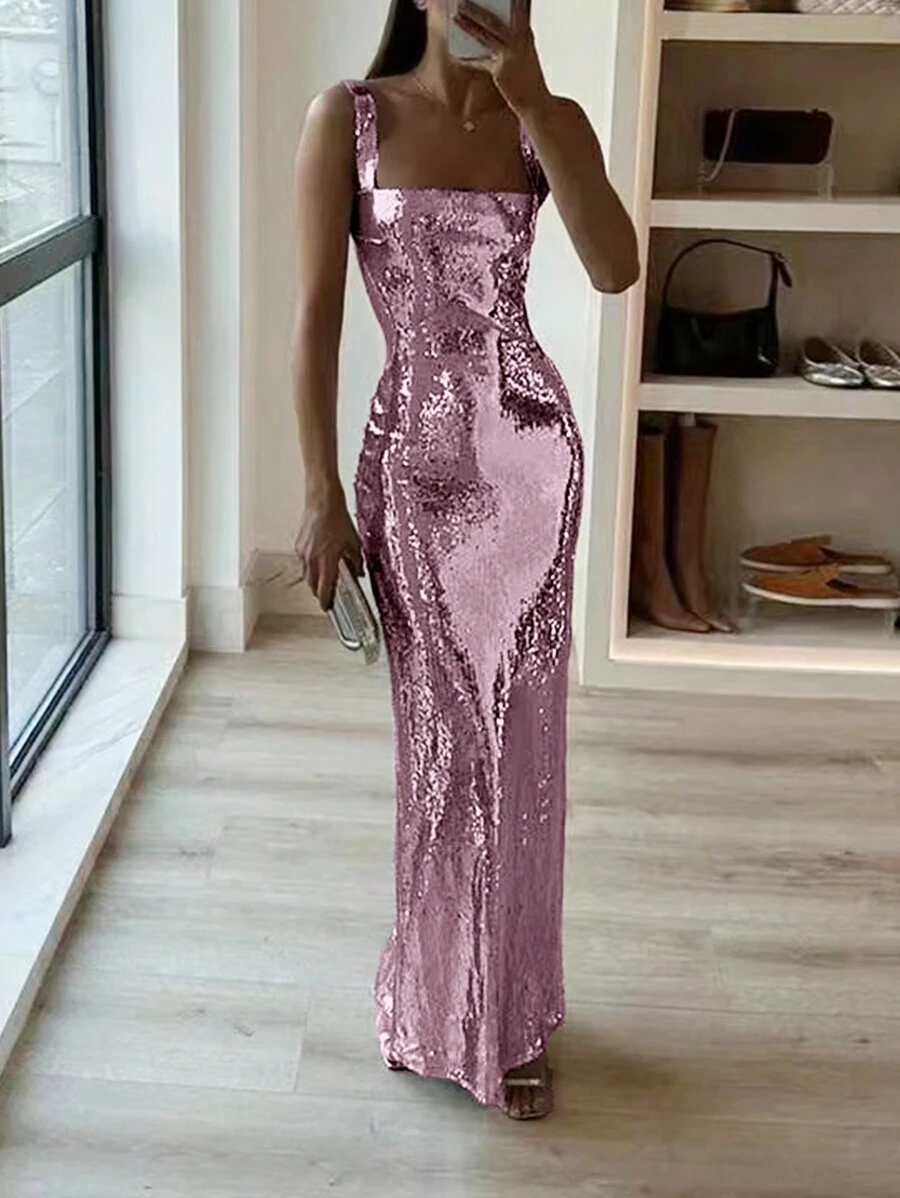 Women's Metallic Sequin Square Neck Fishtail Backless Sleeveless Party Maxi Dress, Perfect For Outings, Parties, Cocktail Events, Wedding Guests, Christmas, New Year's Eve And More Spring - Pink - View 1