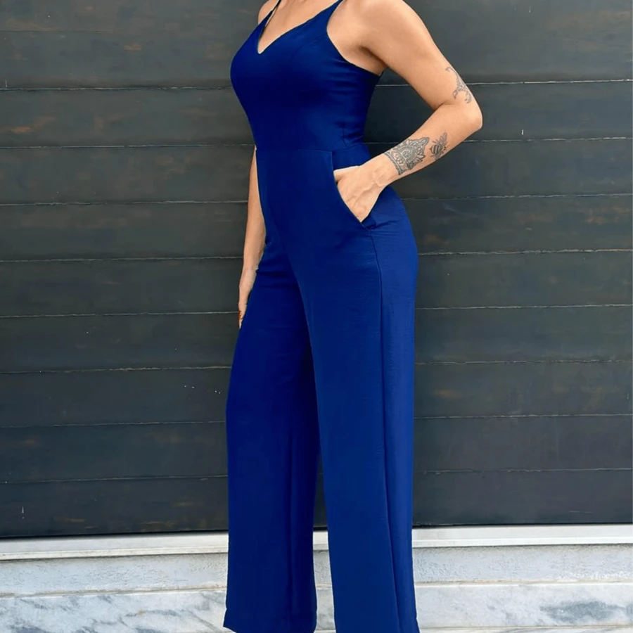 ELEGANT LONG OVERALLS FOR WOMEN WITH PADS AND POCKET WOMEN'S FASHION - Xanh đậm - Xem 1
