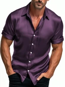 NITAGUT Chemise décontractée légère et respirante pour hommes, de couleur unie et soyeuse, à manches courtes, pour l'été - Prune - Voir 3