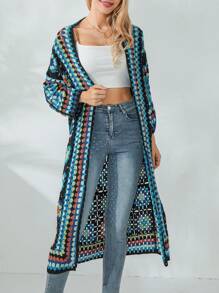 Women's Crochet Floral Cardigan Casual Long Sleeve Open Front Sweater Bohemian Outwear Coat - 湖藍色 - 查看 9