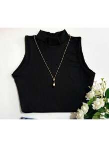 Cropped Tank Top Women's High Neck Ribbed Christmas New Year Summer 2025 New Year's Eve Blogger Foreign Fashion Luxury High Neck Tank Top Hot Days Summer New Exclusive Featured Parties Celebrations Occasions Events Day To Day Night - màu đen - Xem 1