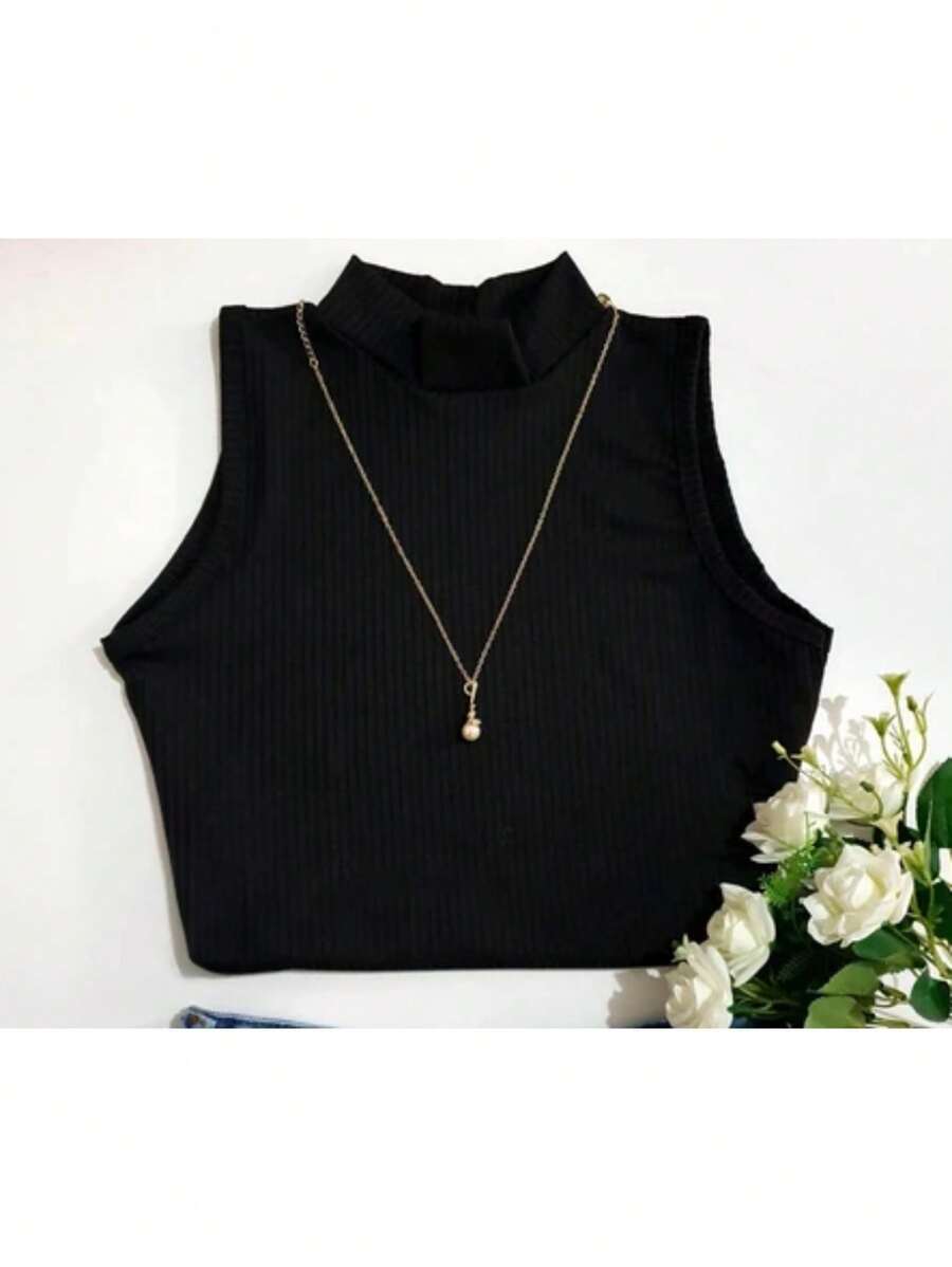 Cropped Tank Top Women's High Neck Ribbed Christmas New Year Summer 2025 New Year's Eve Blogger Foreign Fashion Luxury High Neck Tank Top Hot Days Summer New Exclusive Featured Parties Celebrations Occasions Events Day To Day Night - màu đen - Xem 1