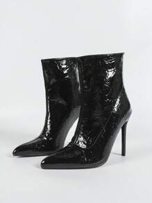 Black Wrinkled Patent Shiny Pointed Toe High Heel Slim Ankle Boots, New Arrival For Winter - Black - View 6