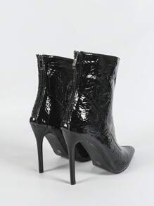 Black Wrinkled Patent Shiny Pointed Toe High Heel Slim Ankle Boots, New Arrival For Winter - Black - View 7