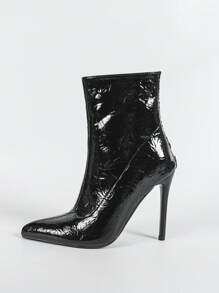 Black Wrinkled Patent Shiny Pointed Toe High Heel Slim Ankle Boots, New Arrival For Winter - Black - View 8