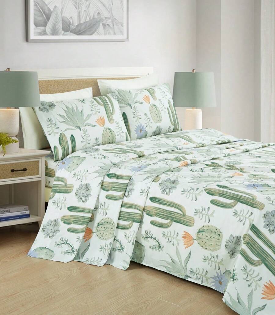Southwestern Desert Sheet Set - 3/4-Piece Green Blue Cactus Succulent Plant Printed Microfiber Soft Breathable & Fade Resistant Deep Pocket Sheets & Pillowcases Set - Multicolor - View 1