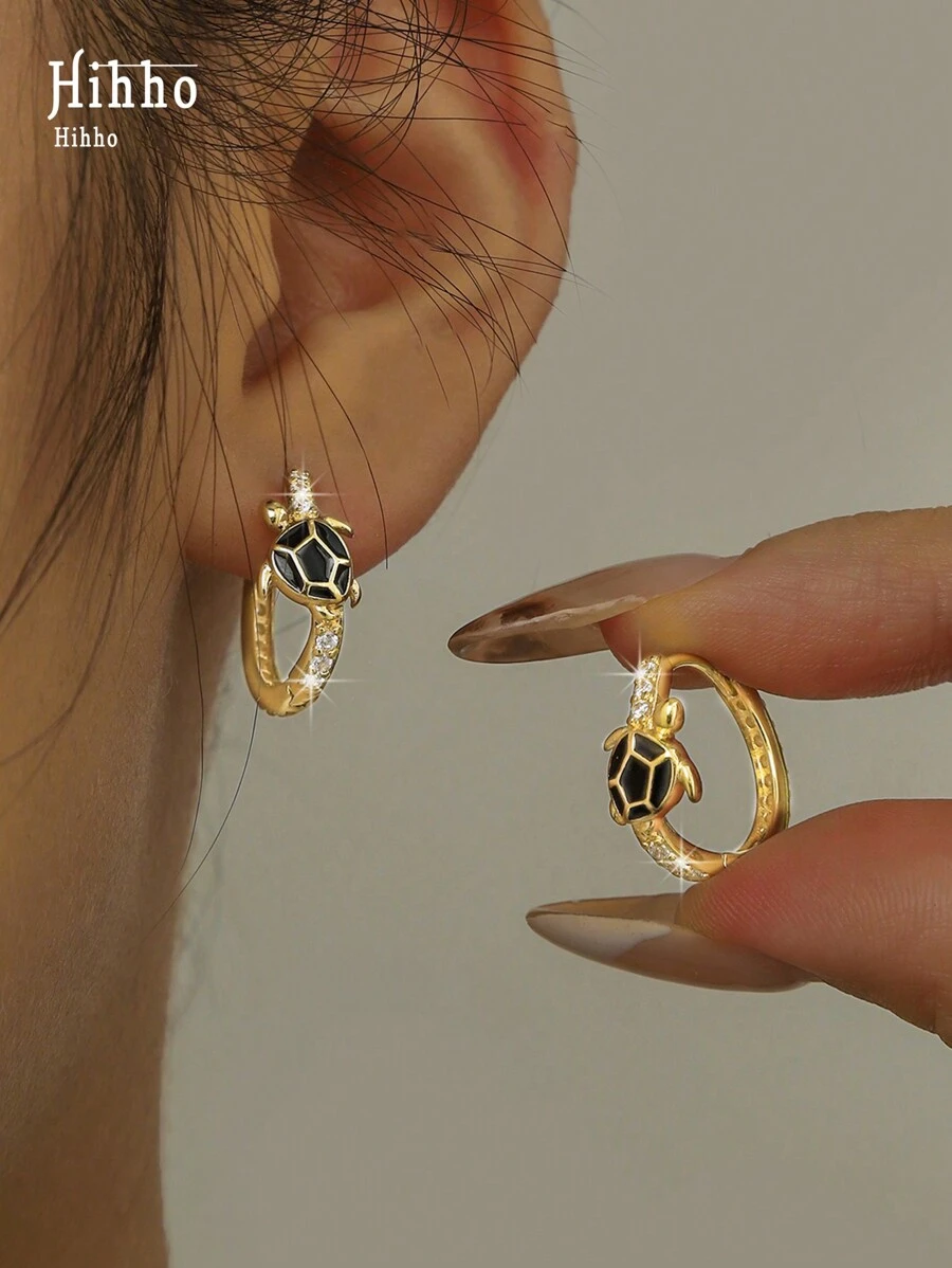 Hihho 1 对可爱海龟耳钉，时尚黑色锆石耳环珠宝礼物，适合女孩、婚礼和订婚配饰 - 金黃色 - 查看 1