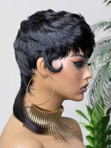 新款优雅女士马尾假发 10 英寸狼尾精灵短发女士假发 1b 颜色 爱情礼物、情人节、日常使用短层次精灵短发假发 无胶假发 全机织假发 - 黑色 - 查看 5