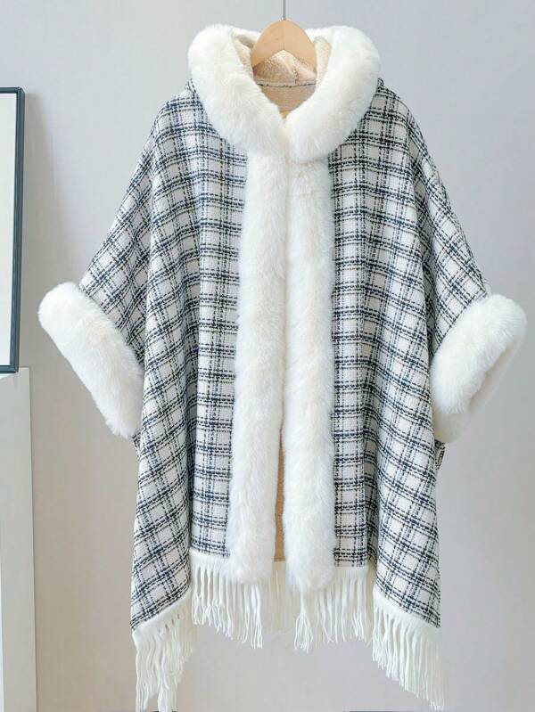 1 peça feminina multicolorida pele de carneiro sintética fofa malha grossa macia gola peluda quente protetor solar à prova de vento elegante capa de alta qualidade poncho xale, adequada para uso diário, reunião, festa, festival, banquete