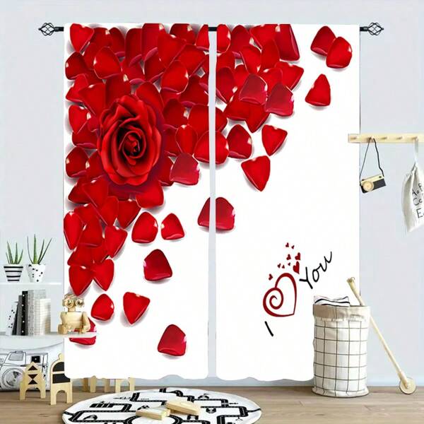 2 pezzi Tende con stampa a rose rosse per San Valentino, tende oscuranti lavabili, divisori per ambienti da camera da letto e soggiorno, decorazione per occasioni festive