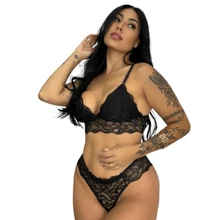 Lynda Lingerie Women's Sexy Bra And Thong Set Non-Padded Bra Sexy Bra And Thong Kit - 黑色 - 查看 1