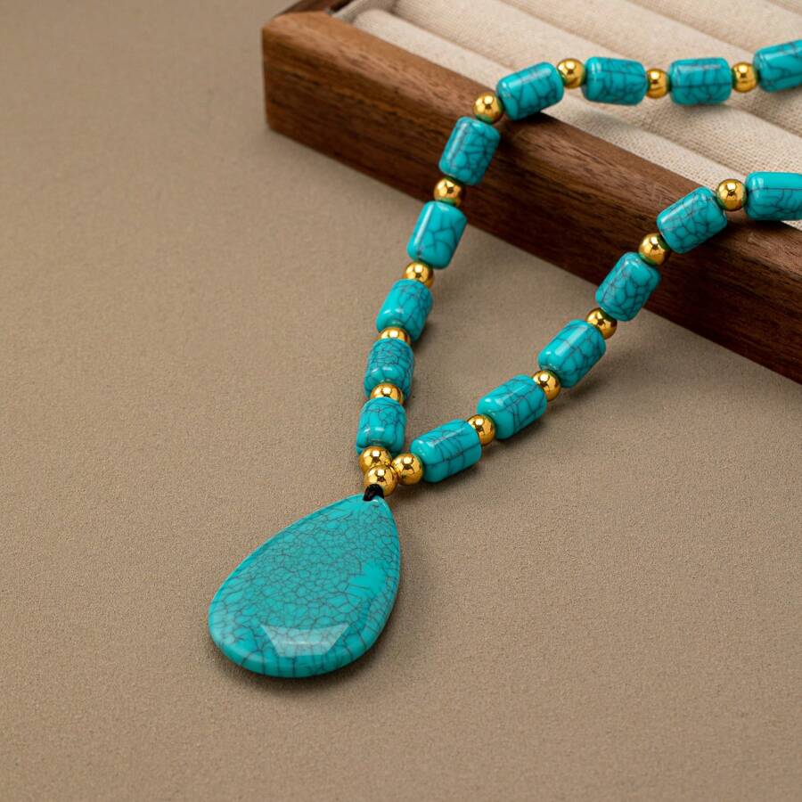 1pc Cross-Border New Style Boho Fashion Knotted Water Drop Pendant Necklace, Versatile For Fall/Winter Sweater - Multicolor - View 1