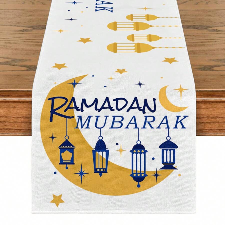 1pc Ramadan Themed Blue And Gold Crescent Moon And Stars Table Runner, Minimalist Linen-Like Rectangular Table Runner For Home Gatherings, Eid Mubarak Decor For Indoor And Outdoor, Suitable For Dining Room, Living Room, And Buffet - Multicolor - View 1
