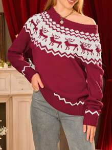 Women's Christmas Reindeer Sweater Vintage Loose Scoop Neck Long Sleeve Pullover Tops For Fall Winter