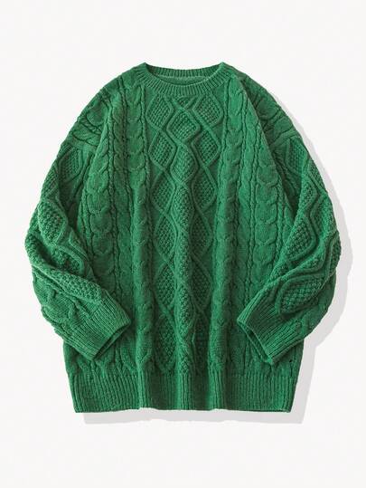 女士纯色圆领保暖厚实长袖套头衫休闲麻花落肩宽松大码上衣针织毛衣，秋冬