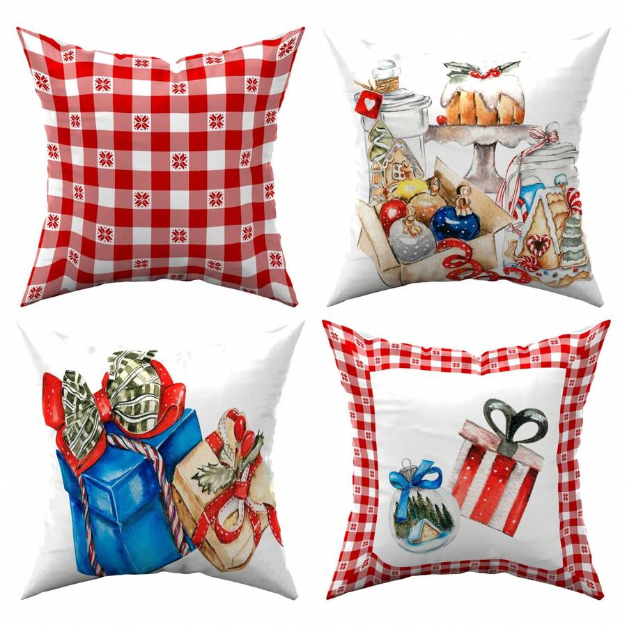 Kit Of 4 Christmas Cushion Covers 45x45cm Christmas Ornaments, Decoration, Bedroom, Living Room - Đỏ - Xem 1