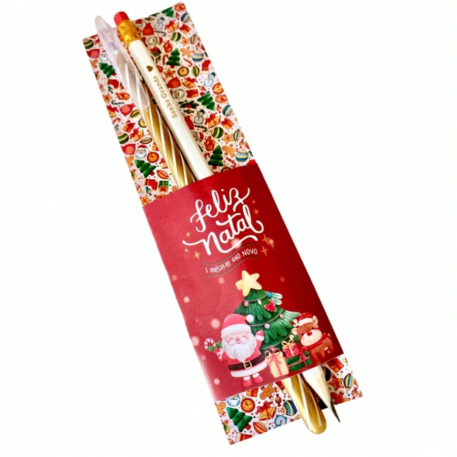 10 Kits Caneta e Lápis com Borracha - Lembrancinha de Natal