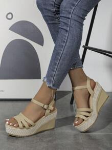 女士时尚百搭米色编织厚底坡跟凉鞋 - 米色 - 查看 4