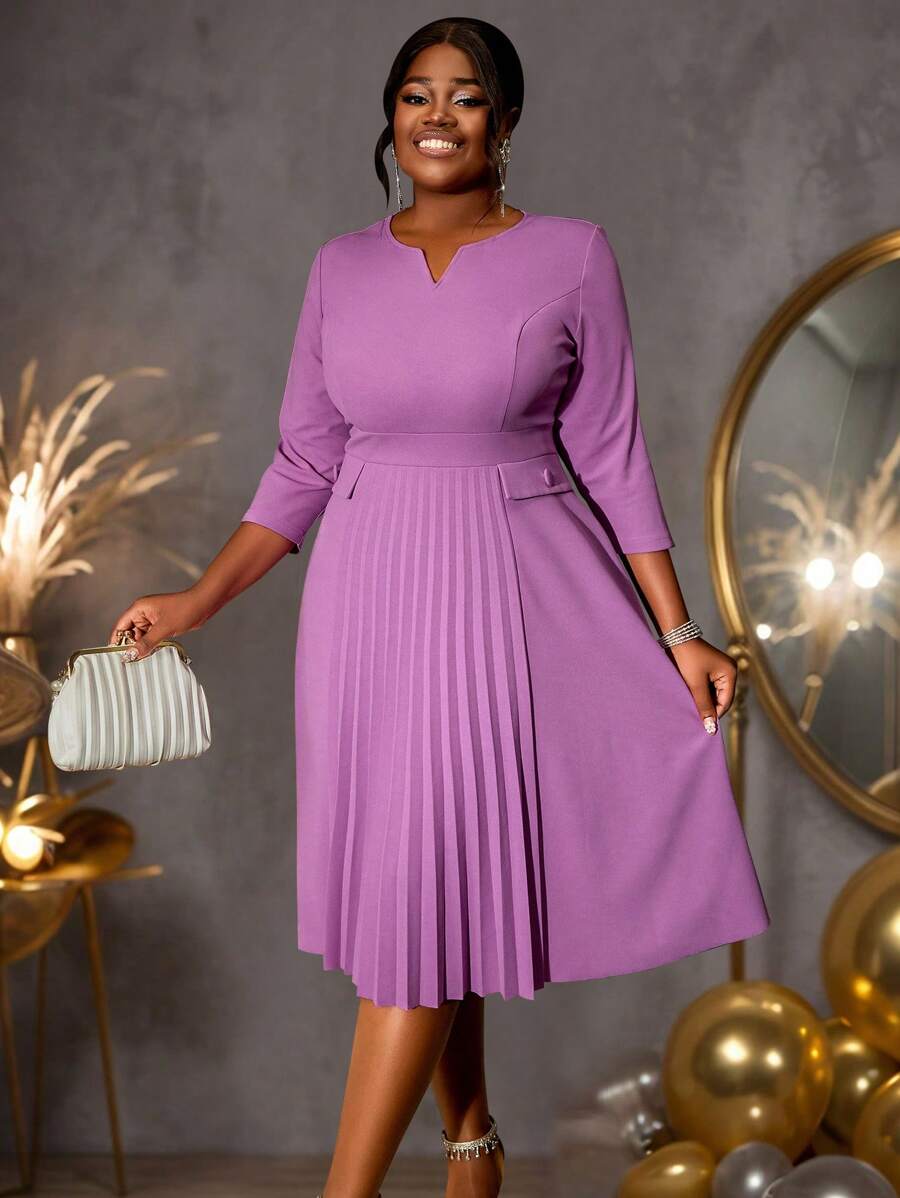 Plus Size Elegant A-Line Pleated Midi Dress, Dignified 3/4 Sleeve, Faux Pocket Design, Business/Work Attire, Suitable For Birthday, Wedding Guest, Graduation, Formal Dinner, Homecoming, Cocktail Party And Other Occasions - Purple - View 1