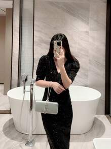 Túi xách dạ hội vuông trang trí kim loại đính đá Rhinestone - Bạc - Xem 9