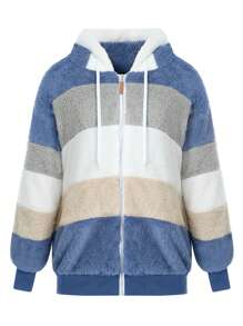 Women Contrast Color Hooded Coat, Long Sleeve Zip-Up Plush Tops For Spring, Autumn - Blue - View 1