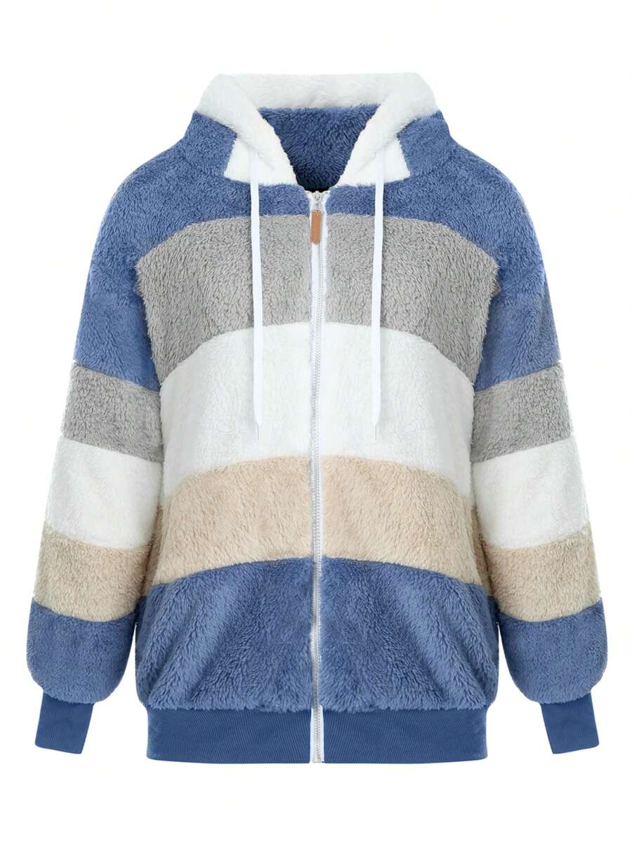 Women Contrast Color Hooded Coat, Long Sleeve Zip-Up Plush Tops For Spring, Autumn - Blue - View 1